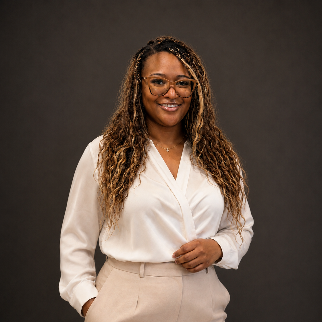 A woman with long curly hair and glasses, wearing a white wrap-style blouse and light beige trousers, standing against a dark gray studio background.